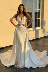 Shining White Mermaid V-Neck Sleeveless Beaded Floor-Length Panel Train Satin Wedding Dress